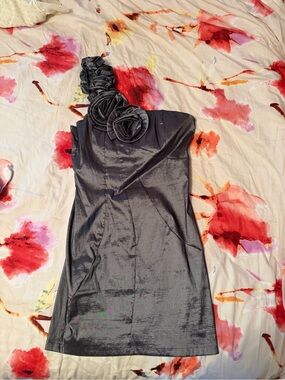 One-Shoulder pewter Cocktail Dress with Rosette Detail